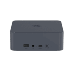 A straight on front view of a dark grey square shaped mini PC with rounded corners set against a solid dark green background The top surface has a subtle textured pattern and a circular logo The front panel features a USB A port a headphone jack a USB C port and a power button with a circular LED indicator All ports and buttons are labeled with white text