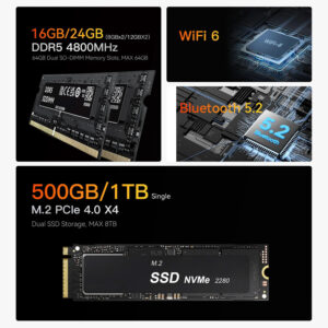 A black product information graphic showcasing the memory, storage, and wireless connectivity features of a device. The top left panel, with an orange title, displays "16GB/24GB DDR5 4800MHz" and specifies "(8GBx2/12GBx2) 64GB Dual SO-DIMM Memory Slots, MAX 64GB". Below the text is a detailed close-up image of a DDR5 SO-DIMM RAM stick. The top right section contains two smaller panels: The upper panel, with a white title, states "WiFi 6" and shows a close-up image of a WiFi 6 chip on a circuit board. The lower panel, with a blue title, states "Bluetooth 5.2" and shows a close-up image of a Bluetooth 5.2 chip on a circuit board. The bottom panel, spanning the width of the image, has a large orange title "500GB/1TB Single M.2 PCIe 4.0 X4" and specifies "Dual SSD Storage, MAX 8TB". Below this text is a detailed image of an M.2 2280 NVMe SSD.