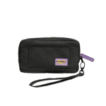 AYANEO-ACE-CASE-LISTING-DONE-01 A rectangular black carrying case, designed for a handheld gaming device, is shown against a plain grey background. The case is made of a durable, textured fabric and features a small front pocket. A purple tag with "AYANEO" written on it is attached to the zipper. A black wrist strap is connected to the case via a small metal carabiner.