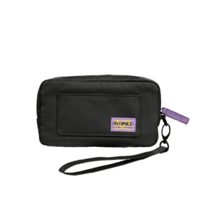 A rectangular black carrying case, designed for a handheld gaming device, is shown against a plain grey background. The case is made of a durable, textured fabric and features a small front pocket. A purple tag with "AYANEO" written on it is attached to the zipper. A black wrist strap is connected to the case via a small metal carabiner.
