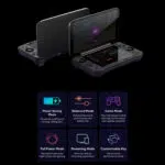 The top half of the image displays two black AYANEO Pocket DS units on a dark background One is angled to show its closed profile from the back while the other is open displaying a game on the top screen and a performance dashboard on the bottom screen The bottom half features a grid of six icons each detailing a specific software feature Power Saving Mode Described as offering Outstanding efficiency for long lasting play Balanced Mode For an Optimal balance of performance and battery life Game Mode To Play mainstream mobile and high performance retro games smoothly Full Power Mode Offering Max performance for high frame rate gaming Streaming Mode For an Ultra low latency streaming experience Customizable Key Allowing you to Tap to switch performance levels easily In essence the image showcases how users can easily control the devices performance to suit any task from conserving battery to unleashing the full power of its hardware