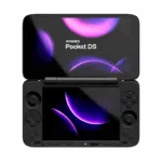 AYANEO-POCKET-SB-LISTING-DONE-1 AYANEO Pocket DS dual-screen Android gaming handheld in a clamshell design, showing the top and bottom screens.