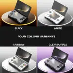 A marketing image displaying FOUR COLOUR VARIANTS of the AYN Thor handheld gaming console The image is divided into four quadrants each showing a different color model resting on a grey cylindrical pedestal Top Left A black AYN Thor is shown on a pedestal with a golden glowing light BLACK is written below it Top Right A white AYN Thor is shown on a pedestal with a bright white background WHITE is written below it Bottom Left A light grey AYN Thor with multi colored buttons is shown on a pedestal RAINBOW is written below it Bottom Right A transparent purple AYN Thor is shown on a pedestal with a purple glowing light CLEAR PURPLE is written below it