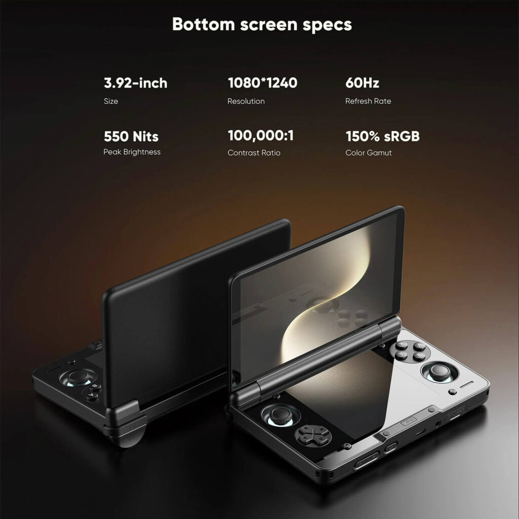 A promotional image for the AYN Thor handheld gaming console, highlighting the bottom screen's specifications. The background is a dark, gradient of brown and grey. The top of the image has the title "Bottom screen specs" and six white text boxes detailing the features: "3.92-inch Size", "1080*1240 Resolution", "60Hz Refresh Rate", "550 Nits Peak Brightness", "100,000:1 Contrast Ratio", and "150% sRGB Color Gamut". Below this are two black AYN Thor devices, one with its clamshell open and angled to the viewer, and the other closed and positioned behind it.