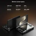 A promotional image for the AYN Thor handheld gaming console highlighting the top screens specifications The background is a gradient of orange and brown The top of the image has the title Top screen specs and six white text boxes detailing the features 6 inch Size 10801920 Resolution 120Hz Refresh Rate 650 Nits Peak Brightness 1000001 Contrast Ratio and 152 sRGB Color Gamut Below this is a frontal view of the open AYN Thor with its top screen angled towards the viewer prominently displaying a large 6 on a stylized background