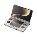 An angled open view of a light grey AYN Thor handheld gaming console with a clamshell design against a dark featureless background The top screen is open displaying a soft golden abstract image The bottom half of the device shows the controls including a black D pad black analog sticks and face buttons in red blue green and yellow resembling the classic rainbow controller aesthetic Both the top and bottom screens are reflective mirroring the golden light