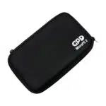 An angled shot of a closed black hard shell case for the GPD MicroPC 2 isolated against a white background The top of the case is smooth and features a white GPD MicroPC 2 logo in the bottom right corner The case is zipped shut