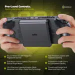 An infographic showcasing the Pro Level Controls of the GPD WIN 5 Two hands are holding the device from the back where a detachable plate for a mousetrackpad module is shown The text highlights features such as Secure Power On with Integrated Fingerprint Scanner Ultra Precision Capacitive Analog Sticks and Professional Grade Control for Competitive Gaming