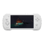 KONKR-POCKET-FIT-WHITE-LISTING-DONE-01 A front-on view of a white KONKR Pocket Fit handheld gaming console against a dark green background. The screen displays a video game scene featuring a small boat in a dark cave. The console has a D-pad and analog stick on the left, and face buttons and an analog stick on the right.