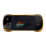 A front on view of a black and yellow KONKR Pocket Fit handheld gaming console against a dark green background The screen displays a video game scene featuring a small boat in a dark cave The console has a black D pad and analog stick on the left and yellow colored face buttons and an analog stick on the right