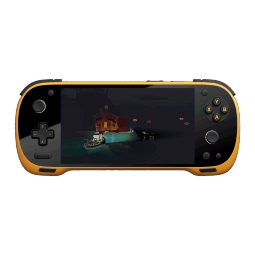 A front on view of a black and yellow KONKR Pocket Fit handheld gaming console against a dark green background The screen displays a video game scene featuring a small boat in a dark cave The console has a black D pad and analog stick on the left and yellow colored face buttons and an analog stick on the right