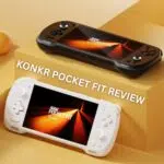 A thumbnail image for a video review of the KONKR POCKET FIT handheld gaming console The image features two consoles a black one resting on a raised yellow block in the background and a white one angled in the foreground Both screens display a matching glowing orange and black abstract design Large yellow text reading KONKR POCKET FIT REVIEW is overlaid across the center of the image The background is yellow with soft lighting