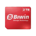 BIWIN-MINI-SDD-2TB-LISTING-DONE-01 The logo for Biwin Storage Technology on a glossy red, square card, with a white badge in the top right corner that reads "2 TB", set against a dark green background.