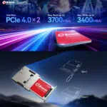A split view promotional graphic focusing on the speed and ease of installation of the Biwin Mini SSD The top panel shows the 1TB red SSD card on a hyper speed road background advertising its speed with PCIe 40 x2 interface 3700MBs sequential read and 3400MBs sequential write The bottom panel illustrates the installation process of the tiny red SSD card into a devices slot showing Insert and Eject diagrams