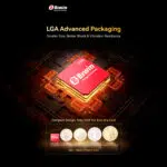 A promotional graphic emphasizing the small size and LGA Advanced Packaging of the Biwin Mini SSD The 1TB red SSD card is magnified and placed on a bed of gold glowing circuitry The bottom features a comparison chart showing the tiny SSD is Only Half the Size of a Coin when compared to a British pound a Euro a Chinese Yuan coin and a US dollar Its size is specified as 15mm x 17mm x 14mm