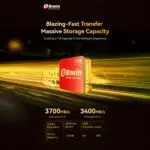 A promotional graphic highlighting the speed and capacity of the Biwin Mini SSD The red 1TB SSD is shown on a background of blurry high speed yellow and orange light trails The title reads Blazing Fast Transfer Massive Storage Capacity Sequential speeds are prominently displayed as 3700MBs read and 3400MBs write with a table listing capacities of 512GB 1TB and 2TB