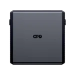 A front view of the black square detachable battery pack for the GPD WIN 5 with the GPD logo subtly centered on its surface The battery is isolated against a black background