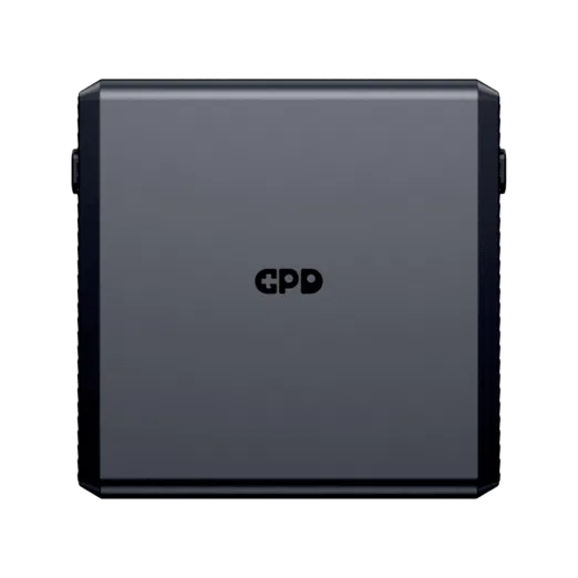 A front view of the black square detachable battery pack for the GPD WIN 5 with the GPD logo subtly centered on its surface The battery is isolated against a black background