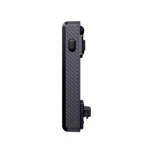 A side view of the black detachable battery pack, highlighting its textured side grip and the release button mechanism for hot-swapping. The battery is isolated against a white background.
