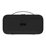 A front on view of the closed black hard shell carrying case for the GPD WIN 5 featuring a centered handle and a black GPD logo The case is isolated against a white background
