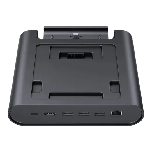 A three quarter frontal view of a black GPD WIN 5 docking station isolated against a black background The dock features an array of ports on the front edge including USB C USB A and an RJ45 Ethernet port The recessed top area is designed to hold the GPD WIN 5 and includes a connector for charging and data