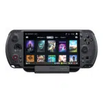 A direct frontal view of the black GPD WIN 5 handheld console resting securely in its dock The screen displays a video game library interface Steam OS style with various game covers like Destiny 2 Overwatch 2 and Apex The docks prominent GPD logo and LED indicators are visible beneath the console