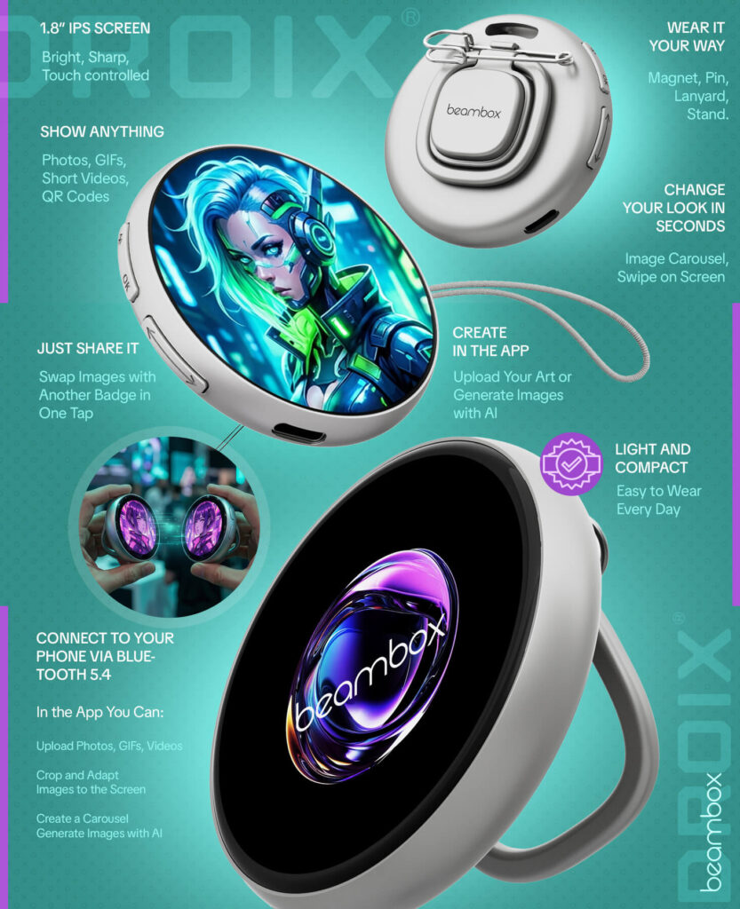 A large vertical infographic for the BeamBox eBadge featuring several views of the device against a teal background. The central images show a badge displaying a vibrant cyber-style anime character and another showing the purple "beambox" logo. Surrounding text callouts highlight key features: a 1.8-inch IPS touchscreen, Bluetooth 5.4 connectivity, the ability to display photos, GIFs, and QR codes, and the option to "Create in the App" using AI. Smaller circular insets demonstrate sharing images between badges and various ways to wear the device, including magnets, pins, lanyards, and stands.