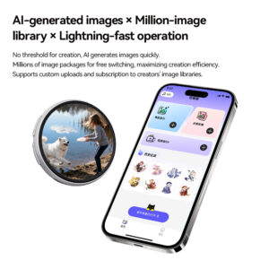 Graphic highlighting content options for the smart badge, including AI-generated images and a "million-image library". A smartphone shows an app interface with options for single image display or multi-photo rotation. The physical badge on the left shows a child playing with a white dog by a lake.