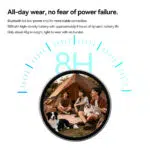 Promotional image emphasizing battery life, featuring a circular badge displaying people and a cat sitting outside a tent at sunset. A large "8H" graphic sits behind the badge to indicate 8 hours of dynamic battery life. Text mentions a Bluetooth 5.4 chip and a 45g weight.