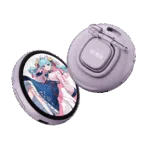 Two circular digital smart badges in a light lavender purple color. The front badge features a round LCD screen displaying an anime-style girl with blue hair in a pink and blue outfit. The rear badge shows the back casing with a safety pin attachment, a lanyard hole, and the text "NN-家族" on a central square button.