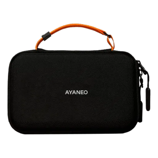 A compact, black hardshell carrying case for the AYANEO Pocket DS. The bag features a textured fabric exterior with the "AYANEO" logo centered in white text, a bright orange top handle, and a black zipper pull.