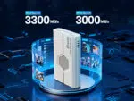 Marketing graphic displaying the Biwin Mini SSD Reader with "3300 MB/s" read and "3000 MB/s" write speeds, illustrated with holographic media windows surrounding the device.
