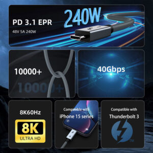 A feature summary graphic for the USB-4 cable. The image contains several panels: Top: A 240W Power Delivery (PD 3.1 EPR) label next to a close-up of the USB-C connector. Middle Left: "10000+" lifespan icon showing a knotted cable. Middle Right: "40Gbps" data transfer speed graphic with a glowing light effect. Bottom Left: "8K60Hz" and "8K Ultra HD" logo. Bottom Center: Text stating "Compatible with iPhone 15 series" shown with the cable plugged into a phone. Bottom Right: "Compatible with Thunderbolt 3" text and logo.
