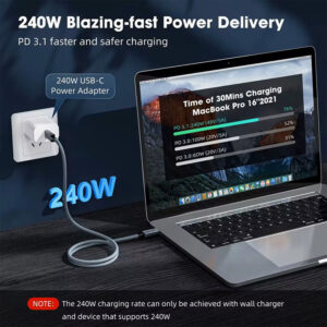 A lifestyle image titled "240W Blazing-fast Power Delivery". It shows the cable connected to a white wall adapter and a MacBook Pro 16" on a desk. An on-screen graphic compares charging speeds, showing PD 3.1 at 240W reaching 76% charge in 30 minutes, significantly faster than PD 3.0 at 100W (52%) or 60W (31%).