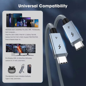 An infographic titled "Universal Compatibility". The left side lists compatible devices including MacBooks, iPads, Galaxy phones, Pixel phones, and Pro Display XDR monitors. The right side features a large 3D render of the two USB-C cable ends.