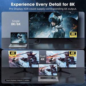 An image titled "Experience Every Detail for 8K" demonstrating display capabilities. Top Panel: Shows a single cable connecting a laptop to a large monitor displaying an 8K/6K sci-fi image. Bottom Panel: Shows a dual-monitor setup where a laptop is connected to two 4K displays using two separate cables.