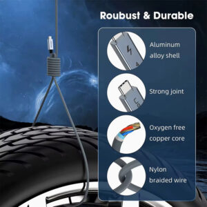 An image titled "Robust & Durable" showcasing the cable's construction. It depicts the cable supporting a heavy car tire to demonstrate strength. Four circular inset images highlight the aluminum alloy shell, reinforced joint, oxygen-free copper core, and nylon braided wire.