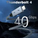 A stylized marketing image with "Thunderbolt 4" text at the top. A large, 3D metallic "40 Gbps" logo is intertwined with the braided cable against a dark, mountainous landscape background.