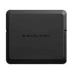 A top-down view of a matte black, square electronic device featuring the "ONEXPLAYER" logo centered on the lid. The device has rounded corners, beveled edges, and a visible hinge mechanism on the left and right sides, suggesting it is a foldable or clamshell-style handheld gaming console or laptop accessory. The entire object is set against a solid black background.