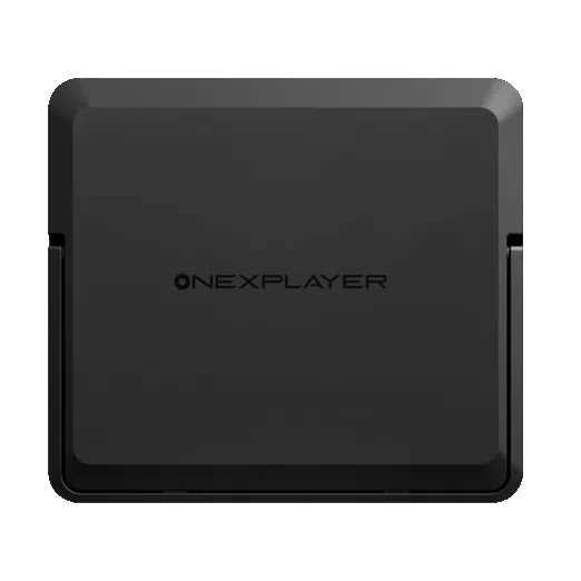 A top-down view of a matte black, square electronic device featuring the "ONEXPLAYER" logo centered on the lid. The device has rounded corners, beveled edges, and a visible hinge mechanism on the left and right sides, suggesting it is a foldable or clamshell-style handheld gaming console or laptop accessory. The entire object is set against a solid black background.