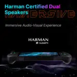 Marketing graphic for the OneXPlayer Apex handheld gaming console. The top text reads "Harman Certified Dual Speakers" in cyan and purple, overlaid on a large, orange-outlined word "IMMERSIVE." Below this, it says "Immersive Audio-Visual Experience" and displays the Harman AudioEFX logo. The center of the image shows the bottom edge of a black handheld gaming device with glowing RGB joysticks. Stylized sound waves emanate from speaker grilles located on the textured controller grips. The bottom of the frame features a flowing, wave-like pattern of white digital dots against a black background.