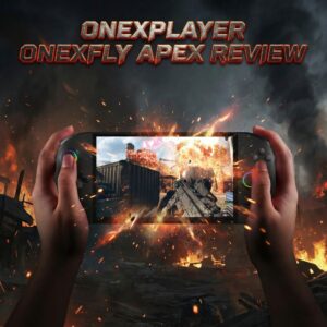 A hand holding a ONEXFLY APEX gaming handheld with explosions on the screen.