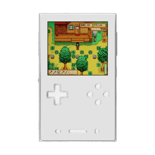 A front-facing view of the AYANEO Pocket DMG in a clean white/silver finish. The screen displays a colorful farming simulation game. The D-pad and action buttons are white with a translucent quality, matching the minimalist aesthetic of the console.