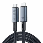 Focus: Connector Close-up Visual: A clean, vertical shot of the two USB-C heads against a black background. Key Info: One head is engraved with the E-marker chip icon and the four main specs (240W, 80Gbps, 8K60Hz).