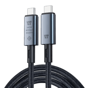 Focus: Connector Close-up Visual: A clean, vertical shot of the two USB-C heads against a black background. Key Info: One head is engraved with the E-marker chip icon and the four main specs (240W, 80Gbps, 8K60Hz).