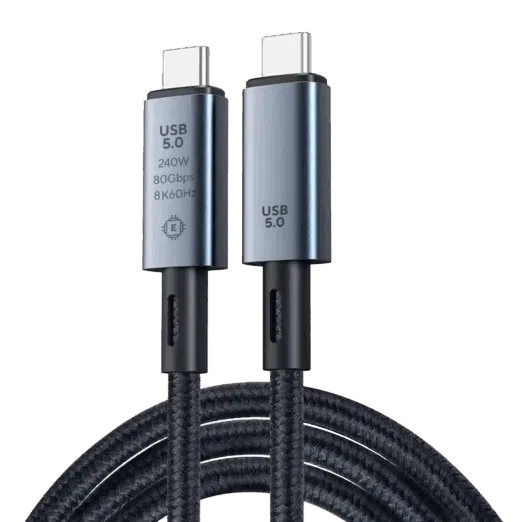 Focus: Connector Close-up Visual: A clean, vertical shot of the two USB-C heads against a black background. Key Info: One head is engraved with the E-marker chip icon and the four main specs (240W, 80Gbps, 8K60Hz).
