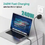 Focus: 240W Charging Performance Visual: Shows a MacBook Pro plugged into a wall outlet. Key Info: Highlights PD 3.1 and 48V/5A specs. It features a progress bar showing the laptop hitting 76% charge in 30 minutes.