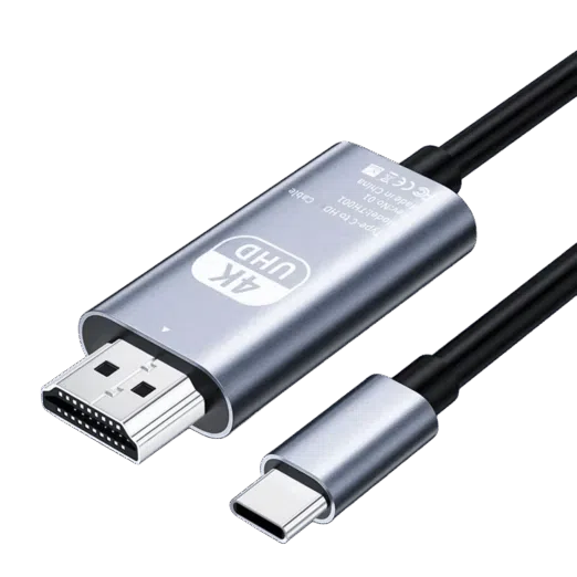 A studio photograph displays a metallic silver colored Type-C to HD adapter cable against a black background. The main body of the adapter features text in English: “4K UHD Type-C to HD Cable Model TH001 Rev: No.01 Made in China” alongside CE, WEEE, and FCC symbols. Connected to this metallic body are an HDMI male connector on one end and a black insulated cable on the opposite end. Additionally, a separate Type-C male connector, with its matching silver housing, is shown below the main body, also with its cable partially visible. All connections feature black heat shrink or plastic where the cables meet the connectors.