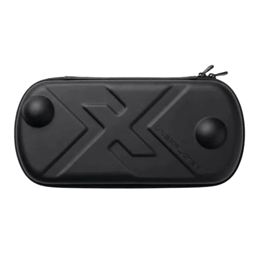 A sleek black, hard-shell ONEXPLAYER APEX Case featuring an embossed X logo, brand name, and protective joystick protrusions on a solid black background.