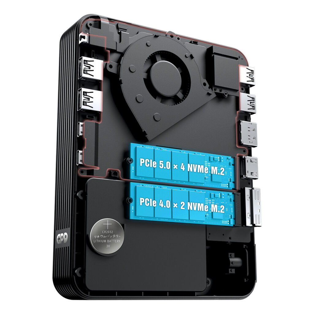 Internal layout diagram of a compact GPD computer or dock. The image shows a large black centrifugal cooling fan at the top, two blue-highlighted M.2 SSD slots labeled "PCIe 5.0 x 4 NVMe M.2" and "PCIe 4.0 x 2 NVMe M.2," and a silver CR2032 lithium battery. Various internal port headers are visible along the edges of the black chassis.
